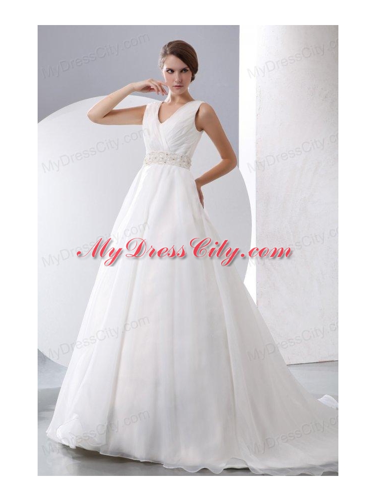 A-Line V-Neck Zipper Up Court Train Beading and Ruching Organza Wedding Dress