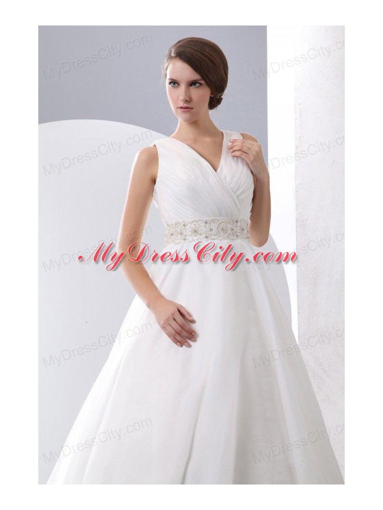 A-Line V-Neck Zipper Up Court Train Beading and Ruching Organza Wedding Dress