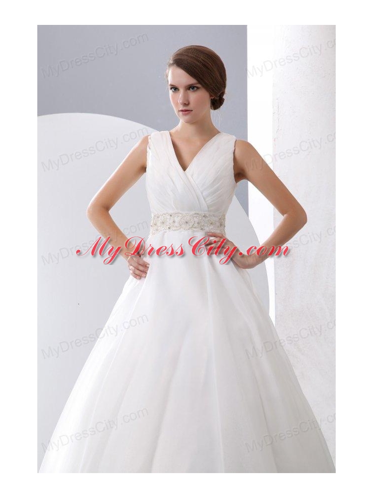 A-Line V-Neck Zipper Up Court Train Beading and Ruching Organza Wedding Dress