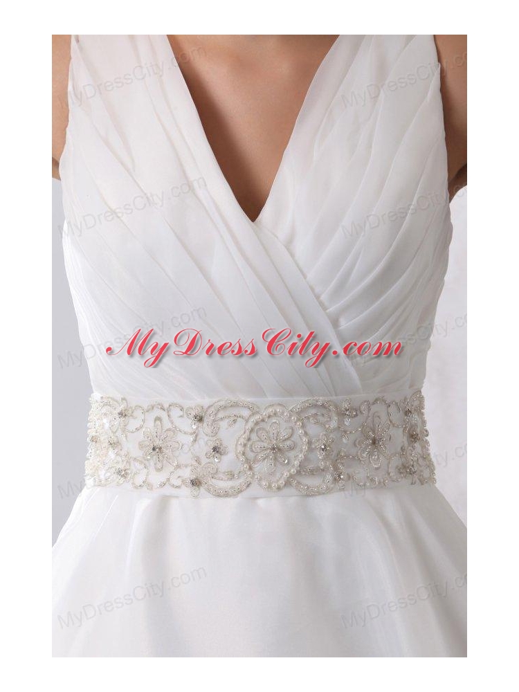 A-Line V-Neck Zipper Up Court Train Beading and Ruching Organza Wedding Dress