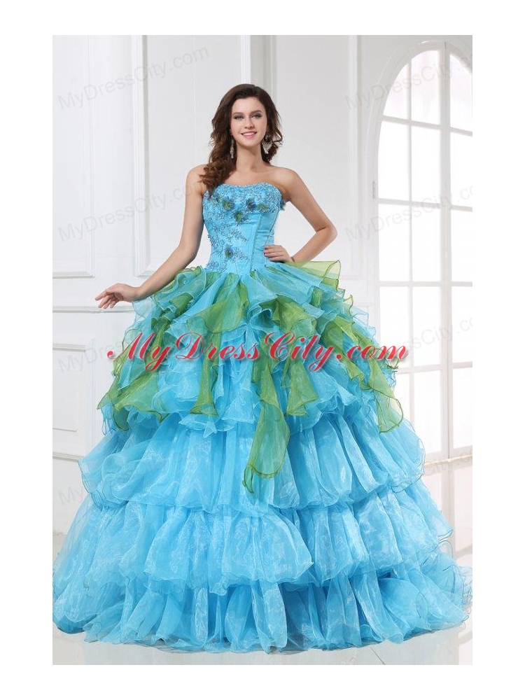 Appliques with Sequins Organza Long Quinceanera Dress in Aqua Blue