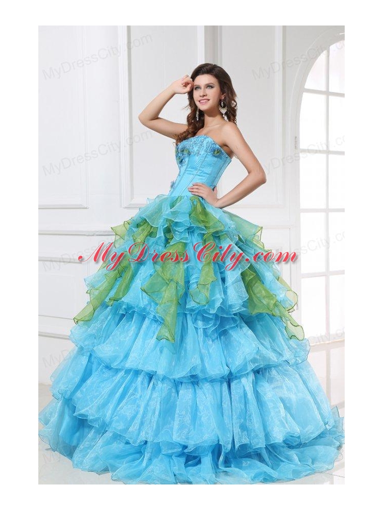 Appliques with Sequins Organza Long Quinceanera Dress in Aqua Blue