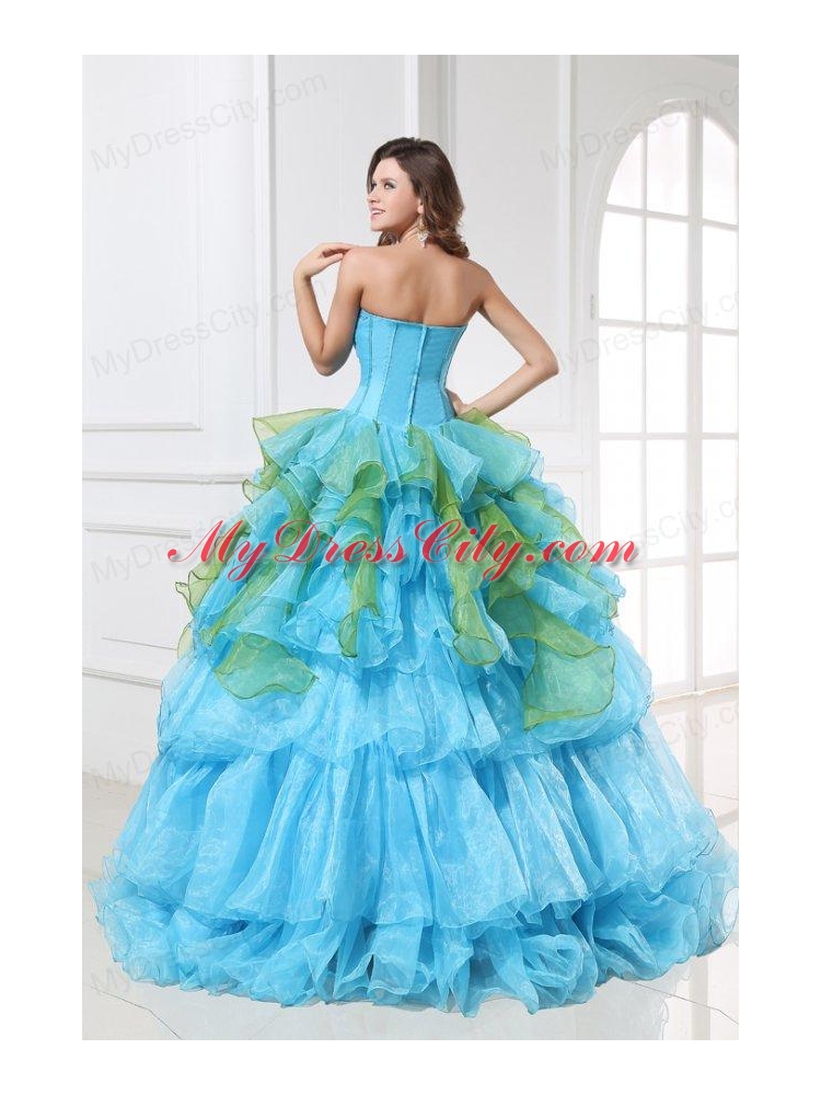 Appliques with Sequins Organza Long Quinceanera Dress in Aqua Blue