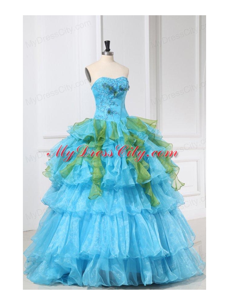 Appliques with Sequins Organza Long Quinceanera Dress in Aqua Blue