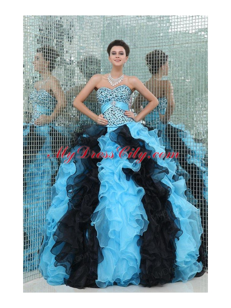 Aqua and Black Sweetheart Beading and Ruffles Quinceanera Dress