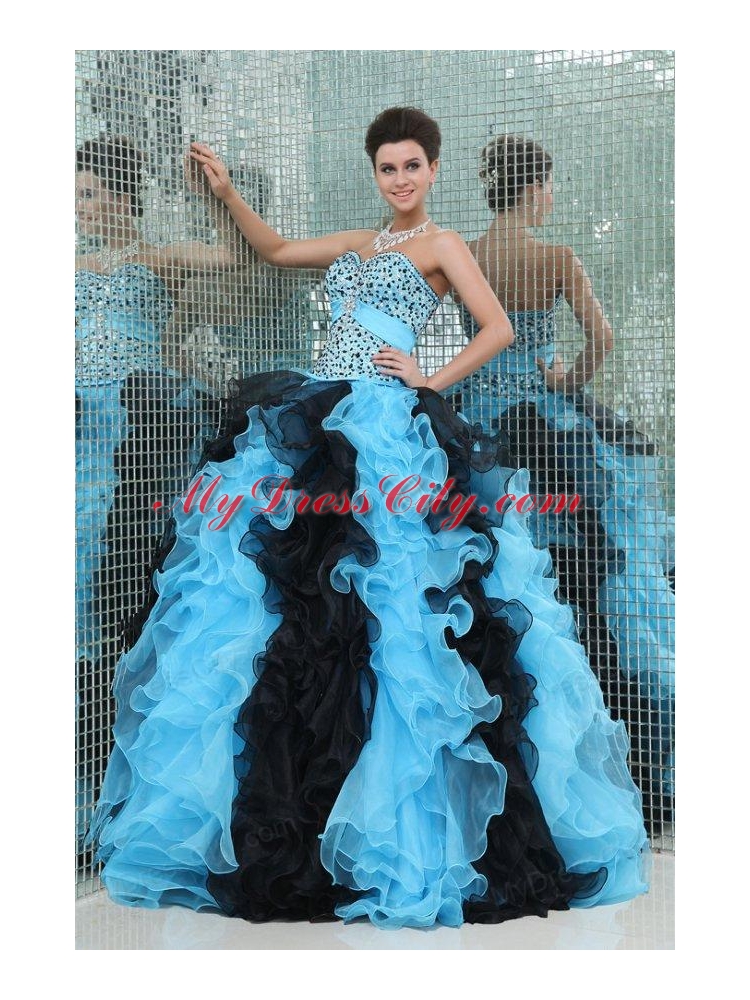 Aqua and Black Sweetheart Beading and Ruffles Quinceanera Dress