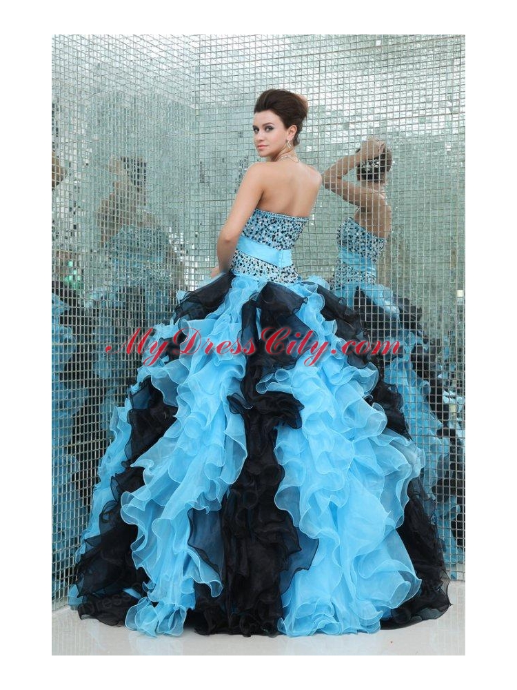 Aqua and Black Sweetheart Beading and Ruffles Quinceanera Dress