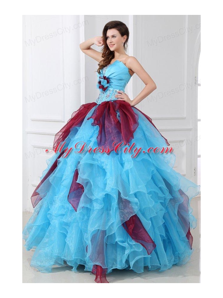 Aqua and Wine Red Strapless Beading and Ruche Quinceanera Dress