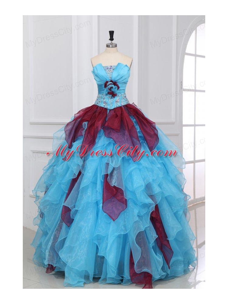 Aqua and Wine Red Strapless Beading and Ruche Quinceanera Dress