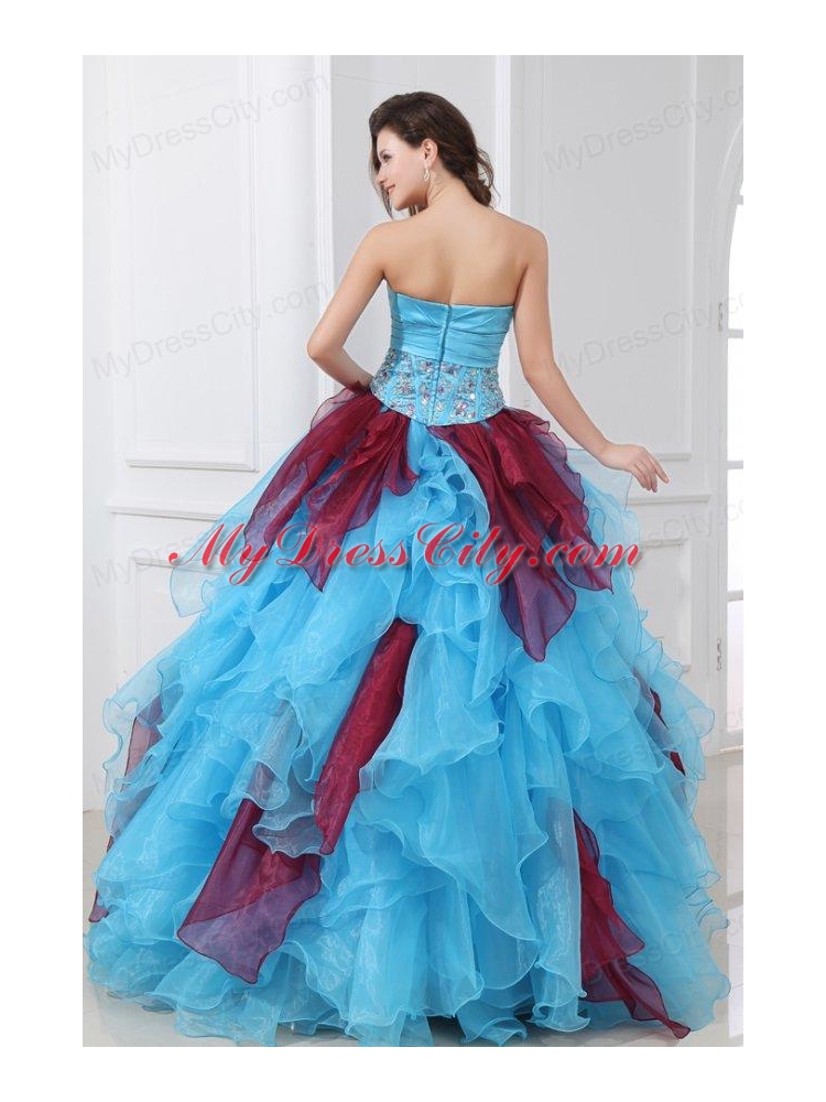 Aqua and Wine Red Strapless Beading and Ruche Quinceanera Dress