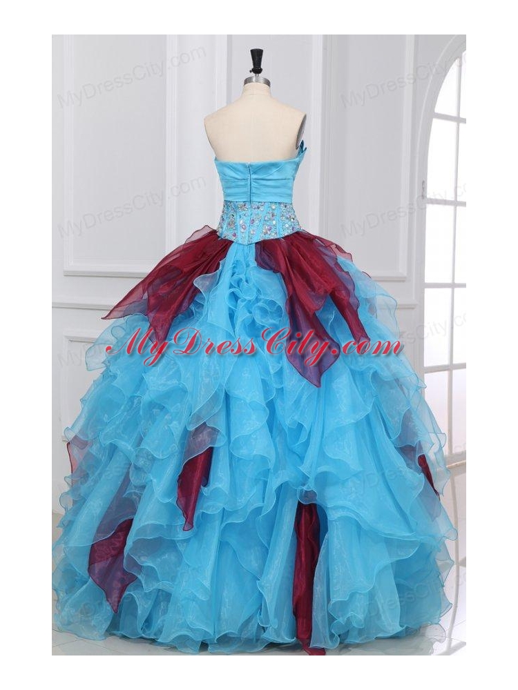 Aqua and Wine Red Strapless Beading and Ruche Quinceanera Dress