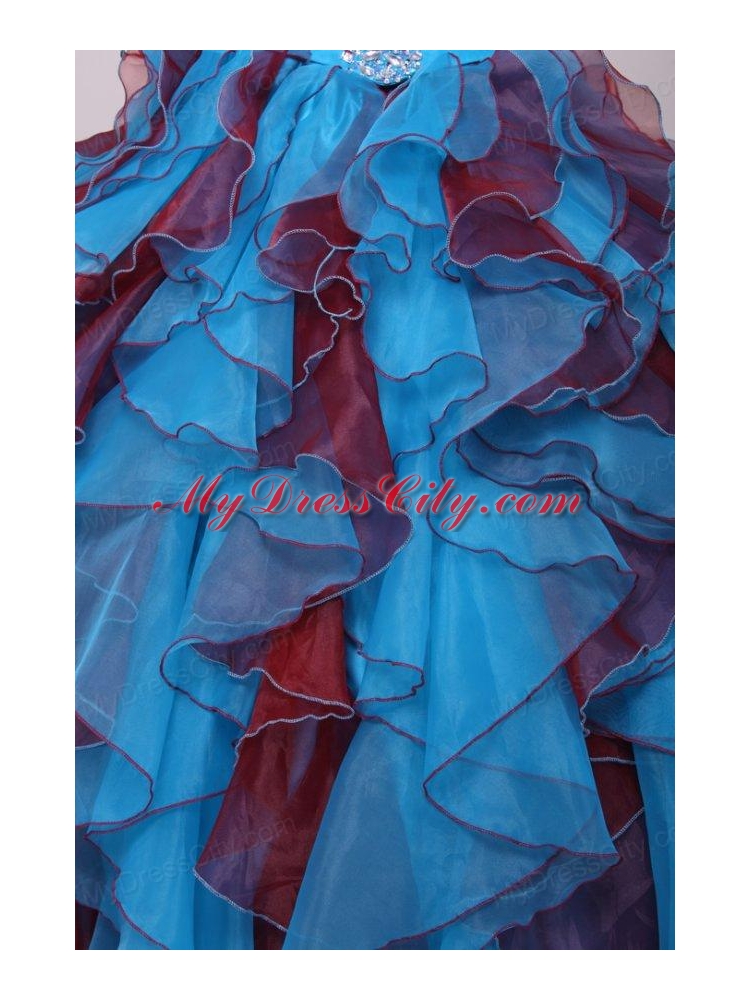 Aqua and Wine Red Strapless Beading and Ruche Quinceanera Dress