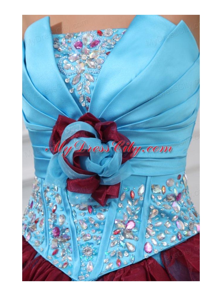 Aqua and Wine Red Strapless Beading and Ruche Quinceanera Dress