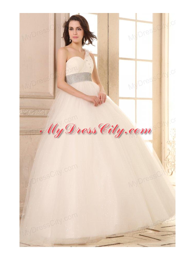 Ball Gown One Shoulder Beaded Decorate Waist Tulle Wedding Dress