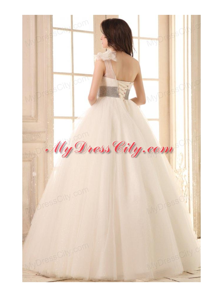 Ball Gown One Shoulder Beaded Decorate Waist Tulle Wedding Dress