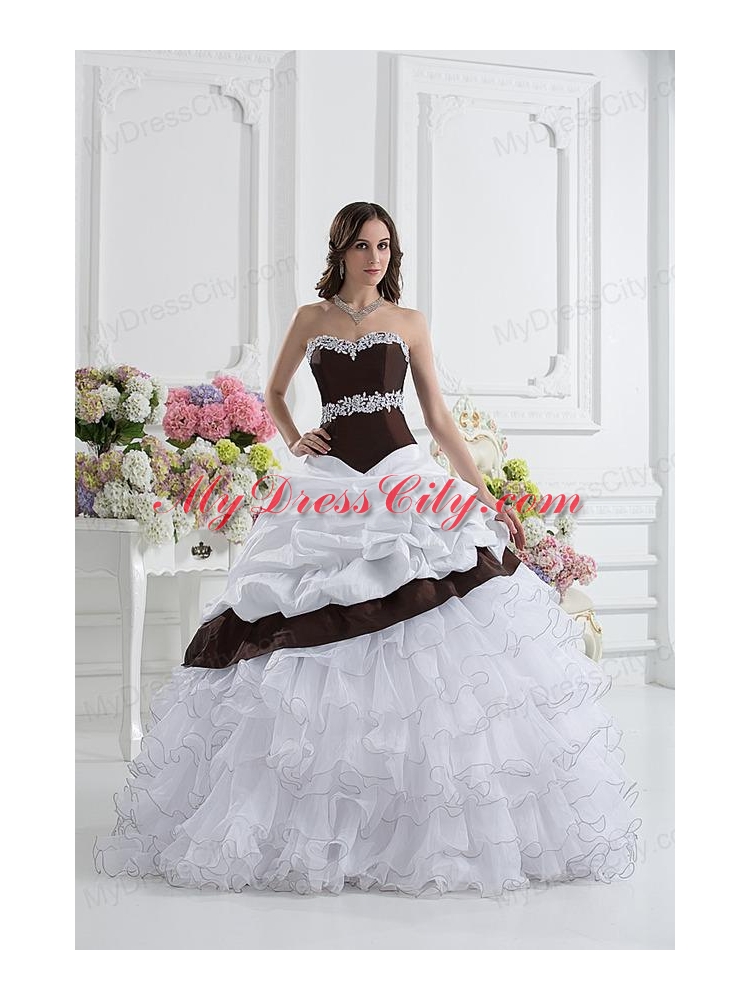 Ball Gown Sweetheart Beading Ruffled Layers Brown and White Quinceanera Dress