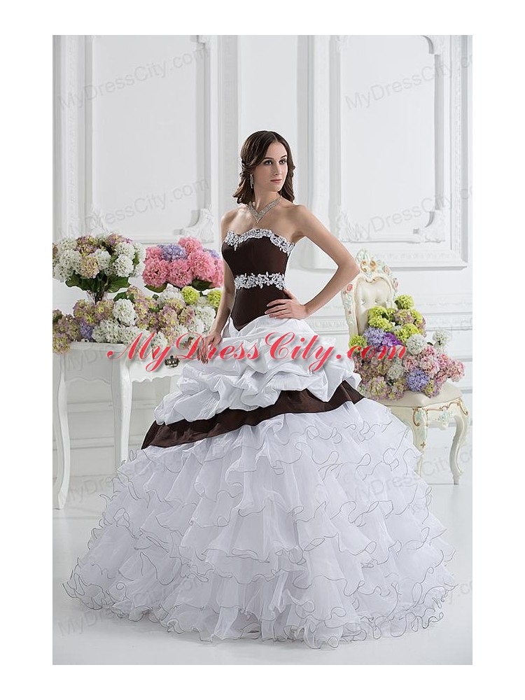 Ball Gown Sweetheart Beading Ruffled Layers Brown and White Quinceanera Dress