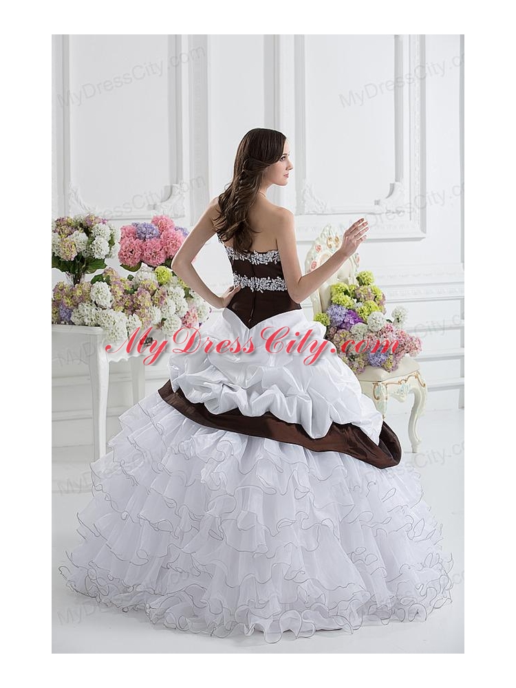 Ball Gown Sweetheart Beading Ruffled Layers Brown and White Quinceanera Dress