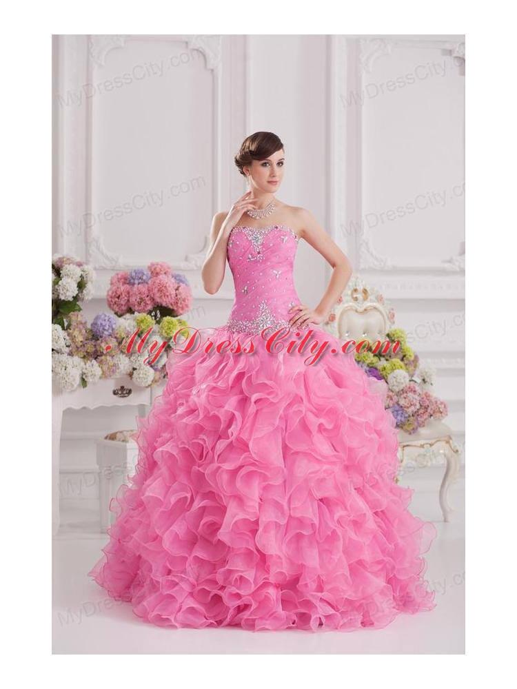 Ball Gown Sweetheart Organza Beading Ruffles Rose Pink Quinceanera Dress