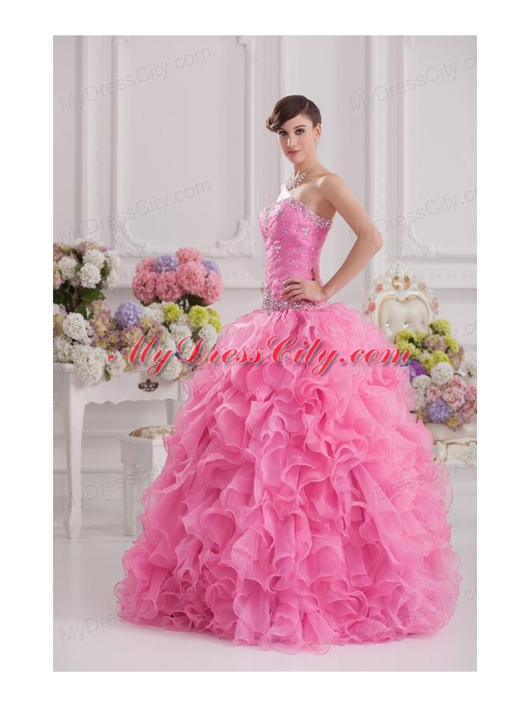 Ball Gown Sweetheart Organza Beading Ruffles Rose Pink Quinceanera Dress