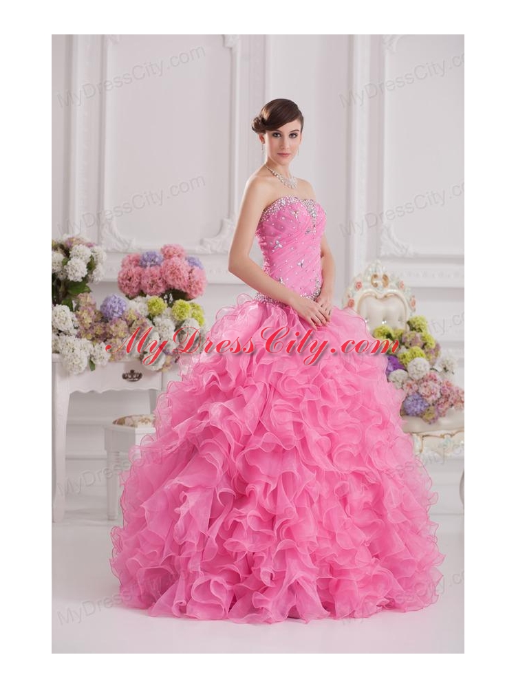 Ball Gown Sweetheart Organza Beading Ruffles Rose Pink Quinceanera Dress