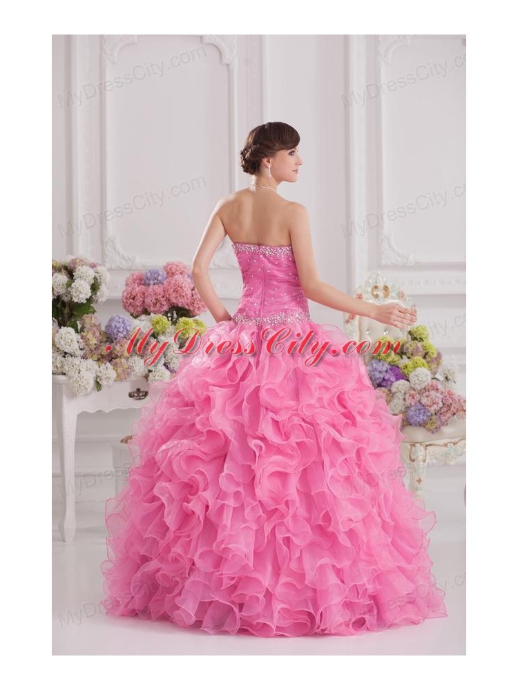 Ball Gown Sweetheart Organza Beading Ruffles Rose Pink Quinceanera Dress