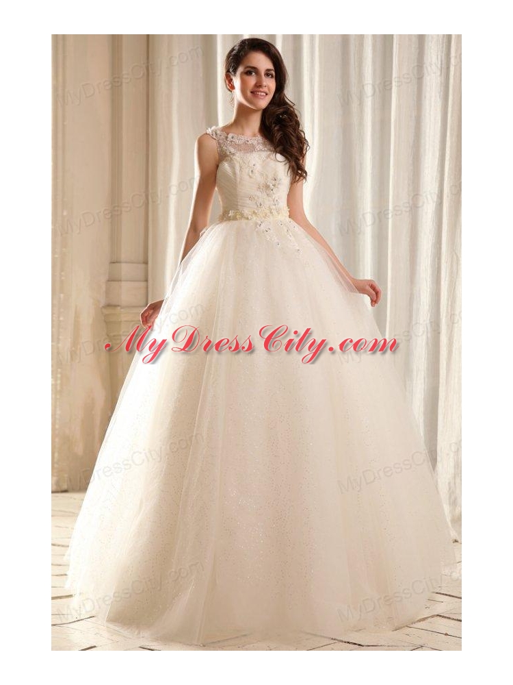 Bateau Ball Gown Beading and Appliques Wedding Dress in Floor-length