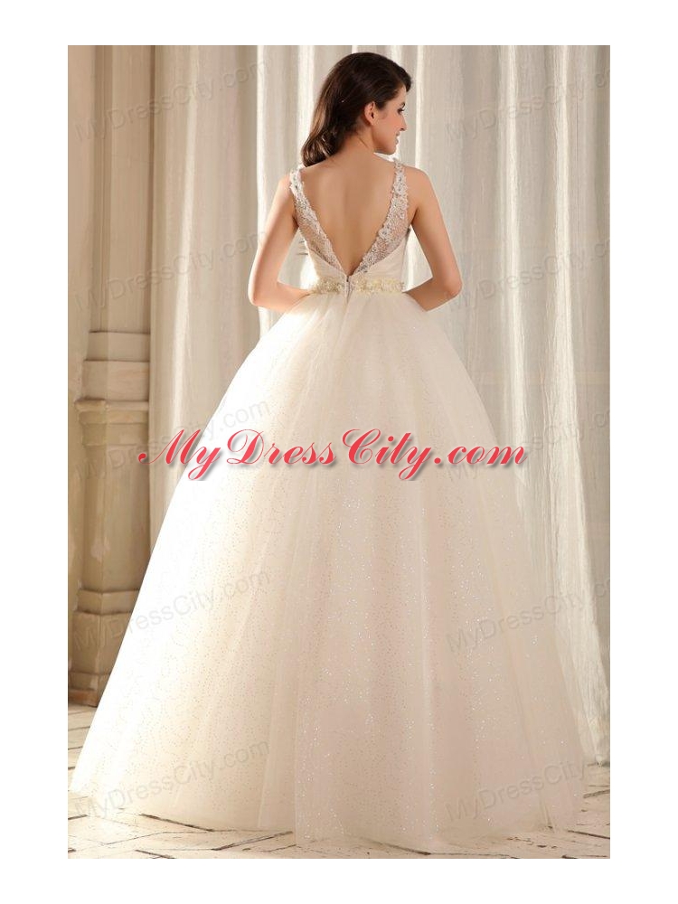 Bateau Ball Gown Beading and Appliques Wedding Dress in Floor-length