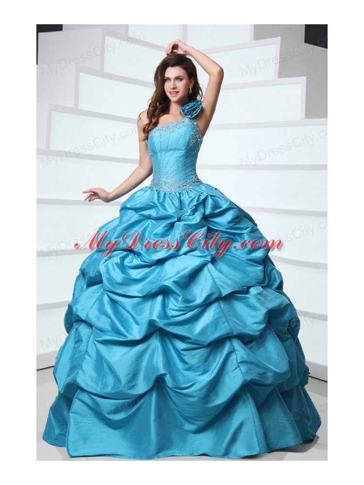 Beading and Pick-ups One Shoulder Teal Taffeta Quinceanera Dress