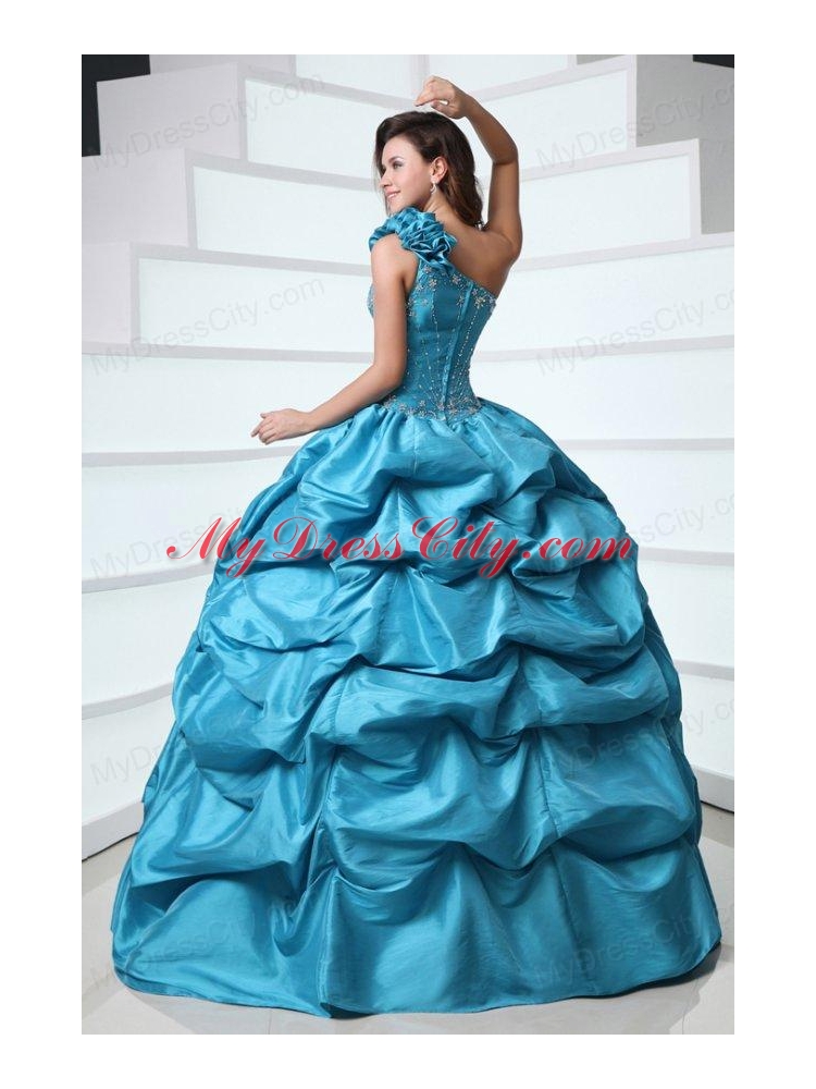 Beading and Pick-ups One Shoulder Teal Taffeta Quinceanera Dress