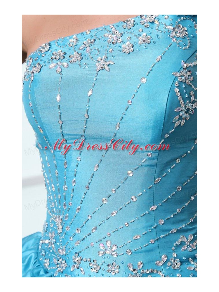 Beading and Pick-ups One Shoulder Teal Taffeta Quinceanera Dress