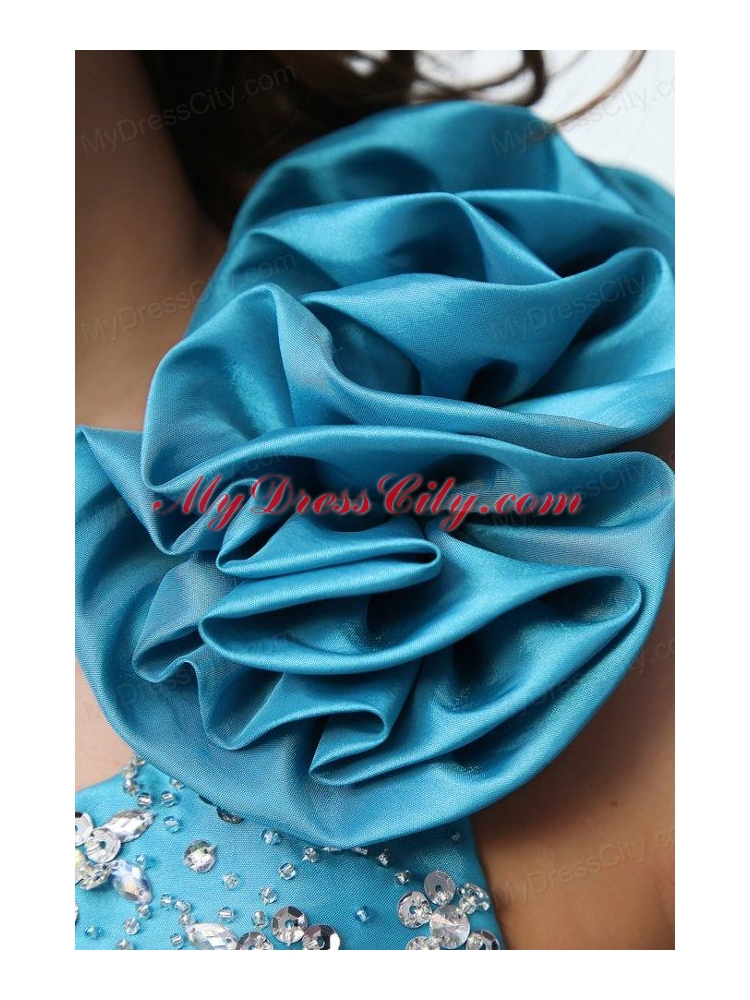 Beading and Pick-ups One Shoulder Teal Taffeta Quinceanera Dress