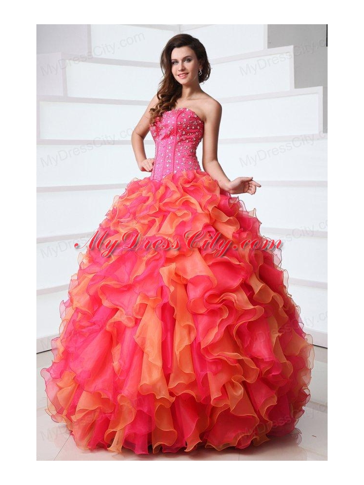 Beading and Rhinestone Strapless Multi-color Quinceanera Dress