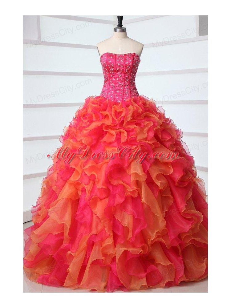 Beading and Rhinestone Strapless Multi-color Quinceanera Dress