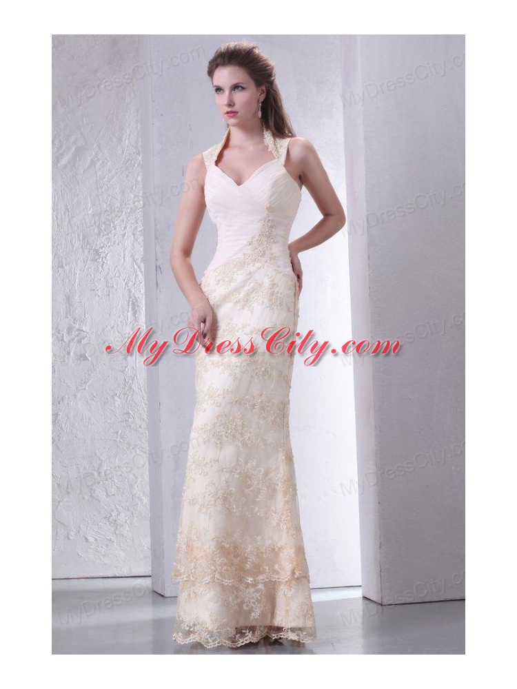 Beautiful Halter Top Column Lace Champagne Wedding Dress Floor-length