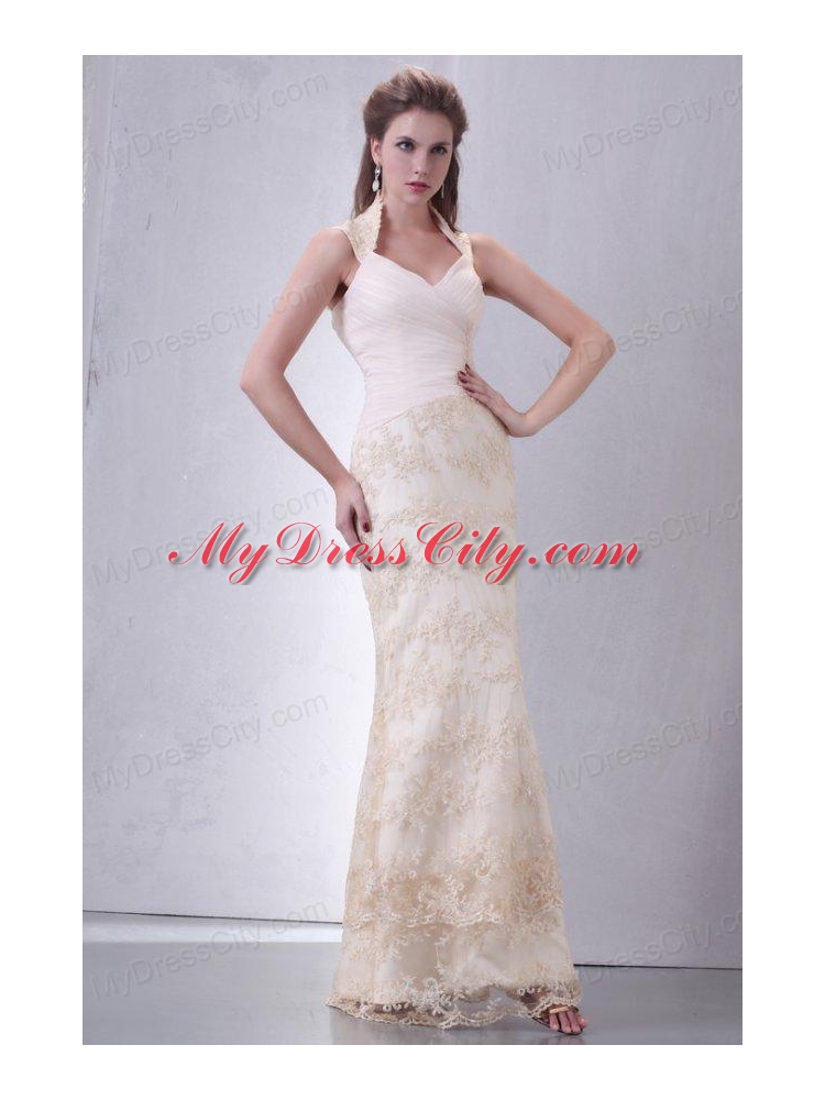 Beautiful Halter Top Column Lace Champagne Wedding Dress Floor-length