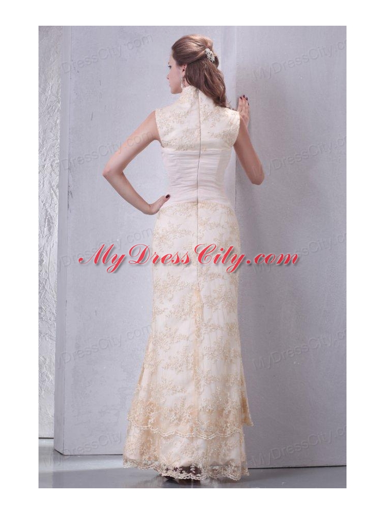 Beautiful Halter Top Column Lace Champagne Wedding Dress Floor-length