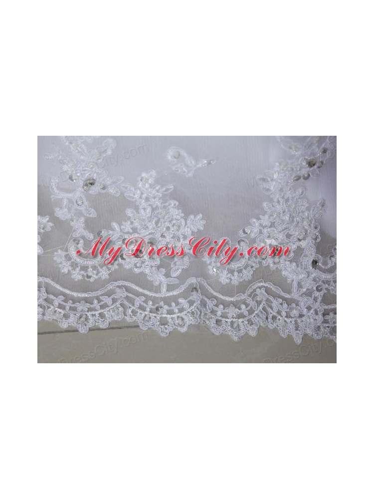 Beautiful Puffy Appliques Ruching Wedding Dress with Chapel Train