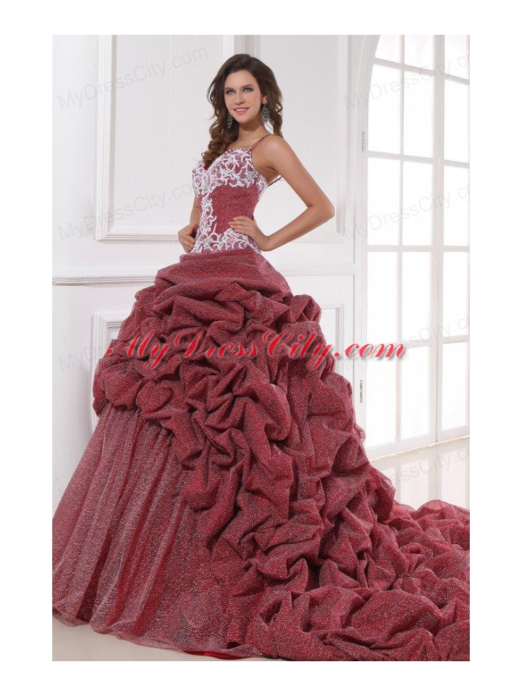 Burgundy Spaghetti Straps Appliques and Pick-ups Quinceanera  Dress