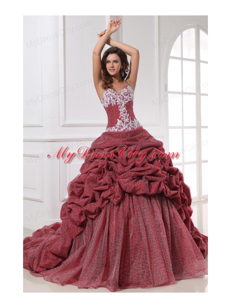 Burgundy Spaghetti Straps Appliques and Pick-ups Quinceanera  Dress