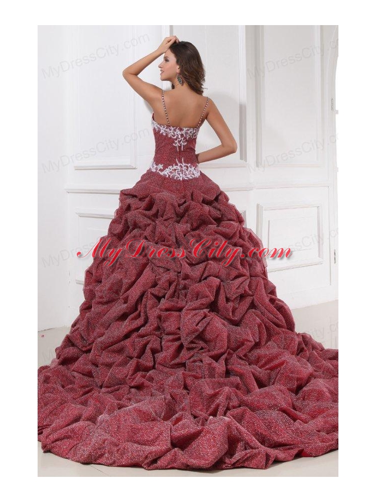 Burgundy Spaghetti Straps Appliques and Pick-ups Quinceanera  Dress