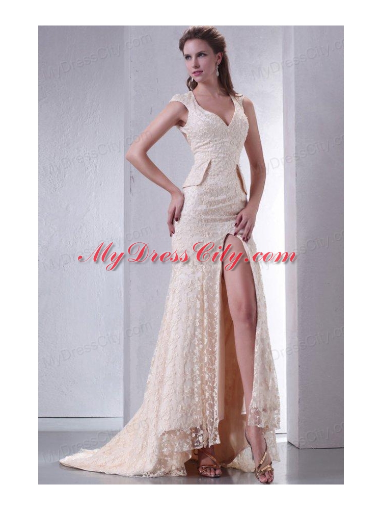 Champagne Column V-Neck Brush Train Short Sleeves Lace Wedding Dress with Lace Up