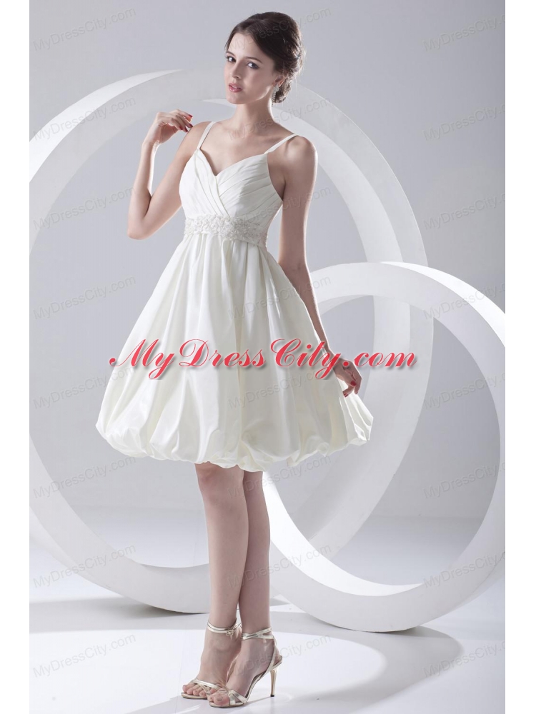 Cheap A-line Spaghetti Straps Knee-length Ruching Satin Wedding Dress