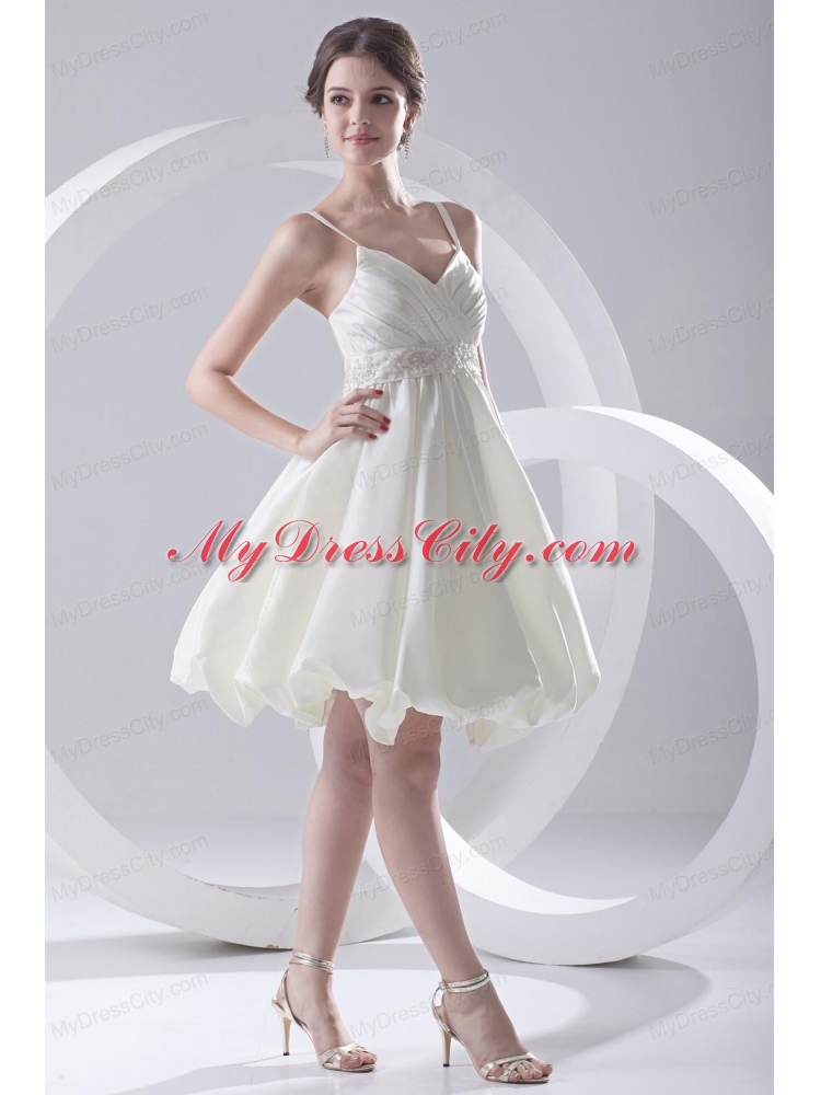 Cheap A-line Spaghetti Straps Knee-length Ruching Satin Wedding Dress