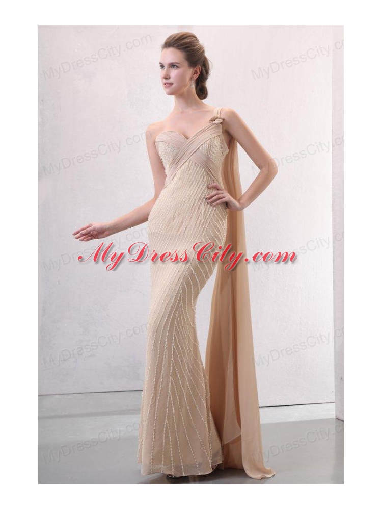 Column Champagne One Shoulder Watteau Train Beading Chiffon Wedding Dress