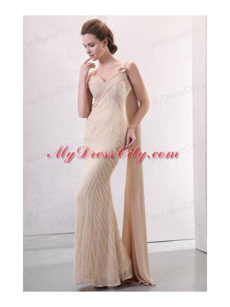 Column Champagne One Shoulder Watteau Train Beading Chiffon Wedding Dress