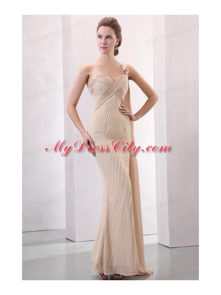 Column Champagne One Shoulder Watteau Train Beading Chiffon Wedding Dress