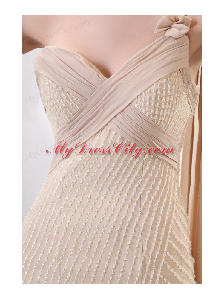 Column Champagne One Shoulder Watteau Train Beading Chiffon Wedding Dress