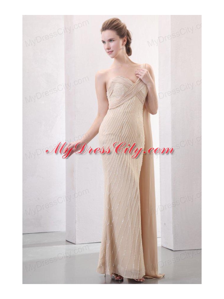 Column Champagne One Shoulder Watteau Train Beading Chiffon Wedding Dress