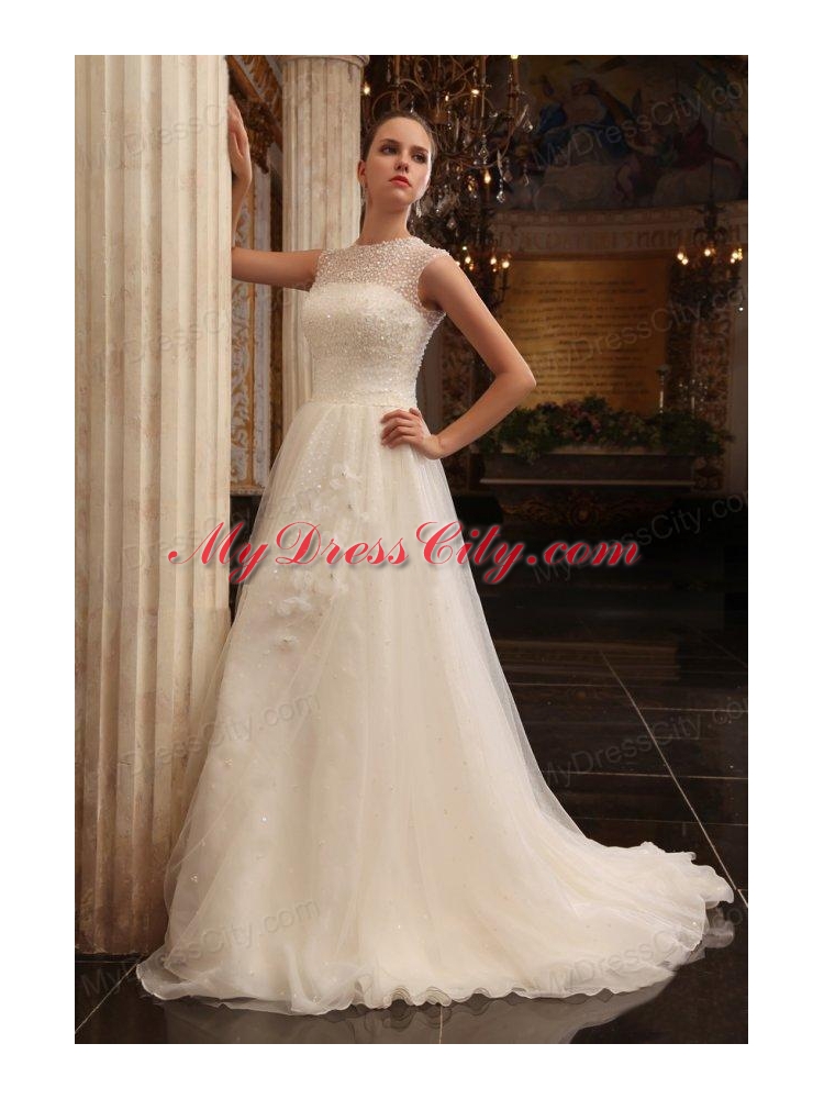 Column Halter Beading Brush Train Organza Wedding Dress